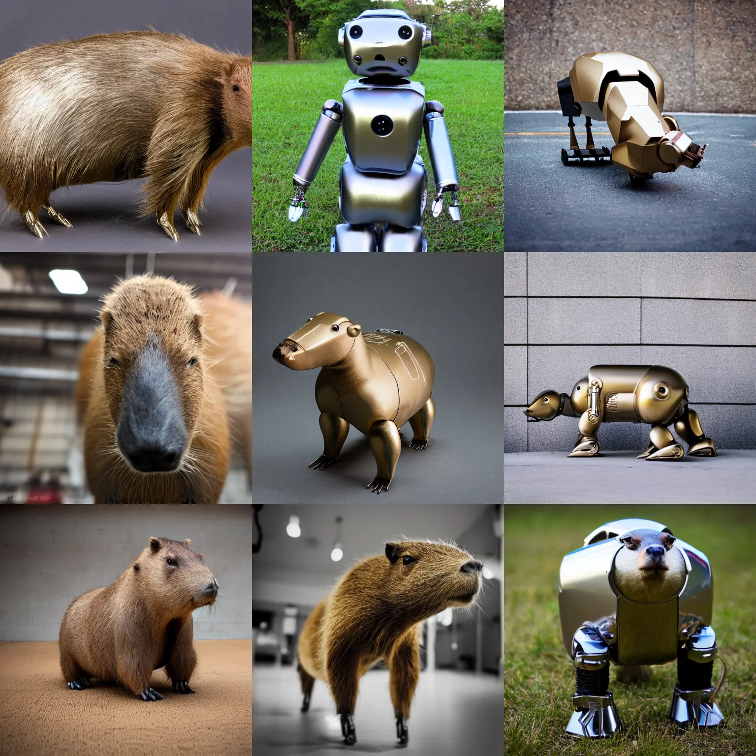 Prompt: metallic robot capybara, robot photography