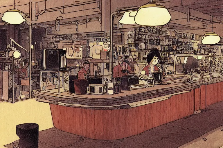 Image similar to coffee shop by moebius