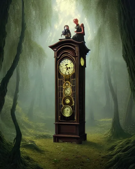 Image similar to highly detailed surreal vfx portrait of a cursed grandfather clock in a shadowy forest by a willow tree, stephen bliss, unreal engine, greg rutkowski, loish, rhads, beeple, makoto shinkai and lois van baarle, ilya kuvshinov, rossdraws, tom bagshaw, alphonse mucha, global illumination, detailed and intricate environment