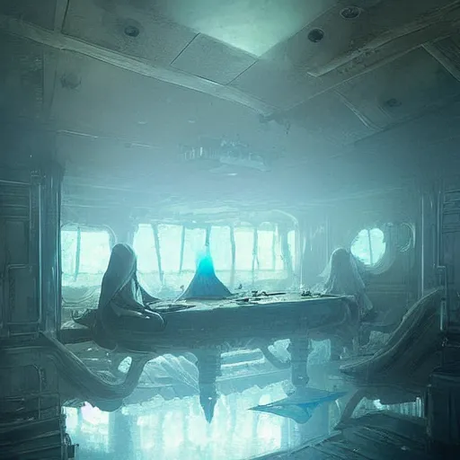 Prompt: blue ghostly spirits floating in a ship cabin, fantasy, D&D, by Greg Rutkowski