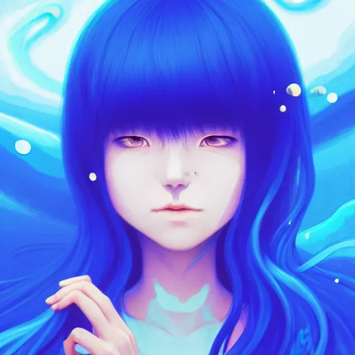 Image similar to blue slime swirling around rimuru reaching out, enveloped in ghosts, sky blue straight hair, bangs, with amber eyes, amber eyes, amber eyes, black jacket, high collar, ultra fine detaile, dark theme, digital painting, psychedelic, cinematic, wlop, pixiv, ilya kuvshinov, ross tran