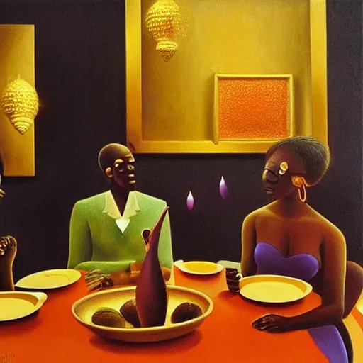 Prompt: dark skinned people eating at a regal buffet ultra detailed beautiful setting elegant event nigerian party minimalist gold ornaments iridescent 3d abstract lighting glamour in the style of edward hooper and henri matisse yinka shonibare oil painting