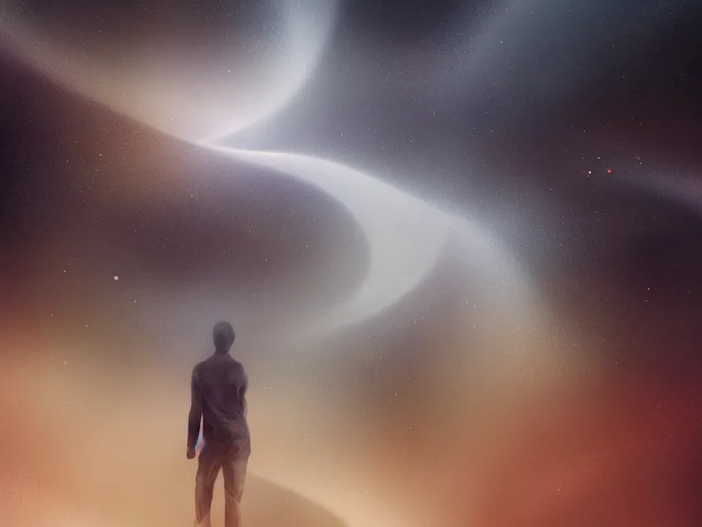 Prompt: a human emitting an aura walking through a dust storm while normal!! and exponential!! curves!! faint lines from the universe flow through them, digital art, trending on art station, many smooth curves, inspiring, high resolution