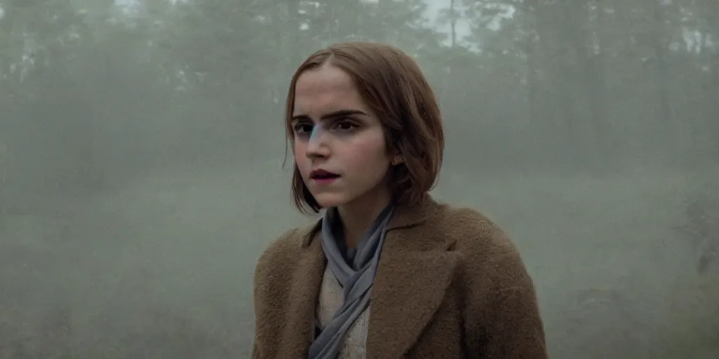 Prompt: portrait of emma watson, russian cinema, kodachrome, dense forest, long brown hair, cloth, heavy fog, hudson river school, 4 k, dramatic lighting, hayao miyazaki, masashi ando, nizou yamamoto, kazuo oga, joe hisaishi, yoji takeshige, naoya tanaka