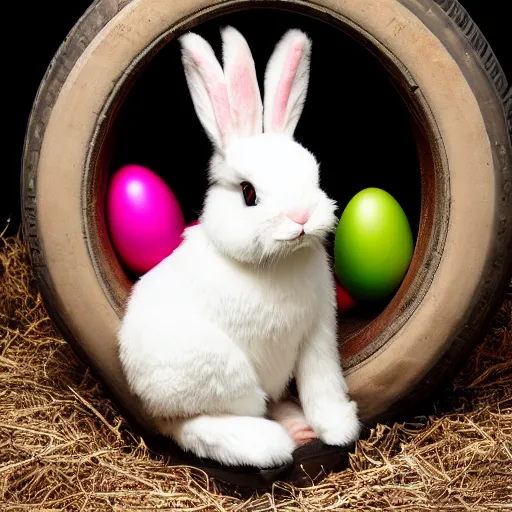 Image similar to easter bunny sitting in a tire, studio photo, high quality