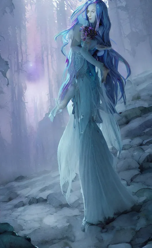 Image similar to elf ice witch princess dress. intricate, amazing composition, colorful watercolor, by ruan jia, by maxfield parrish, by marc simonetti, by hikari shimoda, by robert hubert, by zhang kechun, illustration, gloomy, volumetric lighting, fantasy
