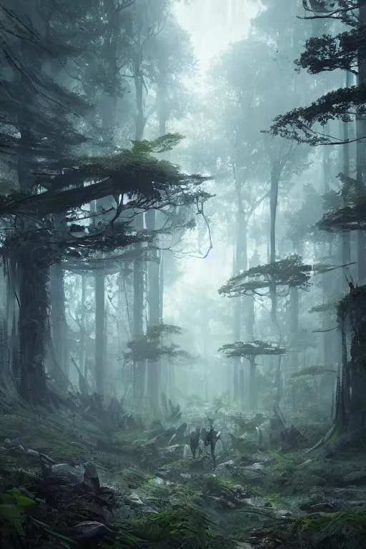 Image similar to A sci-fi forest by Greg Rutkowski, Sung Choi, Mitchell Mohrhauser, Maciej Kuciara, Johnson Ting, Maxim Verehin, Peter Konig, final fantasy , 8k photorealistic, cinematic lighting, HD, high details, atmospheric,