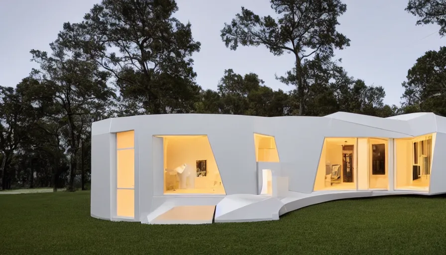 Image similar to A wide image of a full innovative contemporary 3D printed prefab cabin with rounded corners, beveled edges, made of cement, organic architecture, Designed by Gucci and Wes Anderson