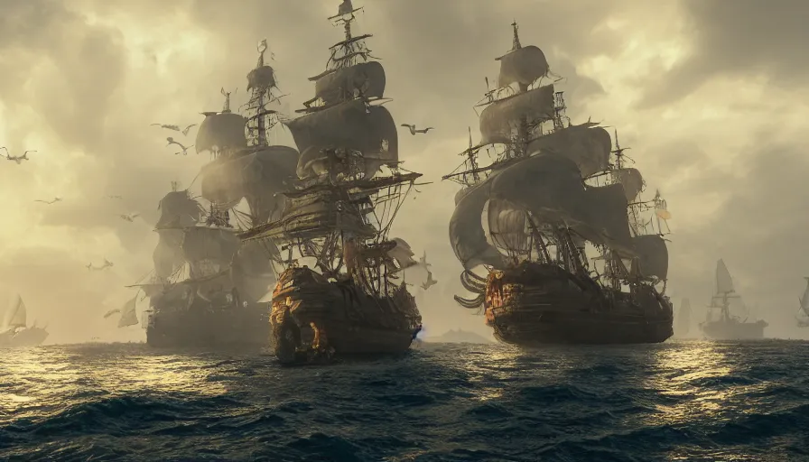 Image similar to A highly detailed matte painting of a huge pirate ship in the ocean , volumetric lighting, octane render, 4K resolution, trending on artstation