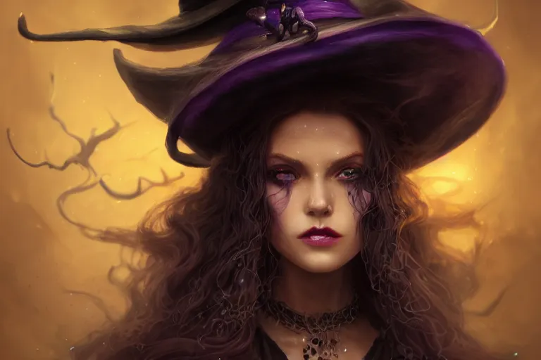 Image similar to an insanely detailed close up portrait of a beautiful witch, long purple hair, black ornate dress and black witch hat, in the style of peter mohrbacher, artgerm, dramatic lighting and composition, alchemy lab background, octane render, trending on artstation, concept art 8 k