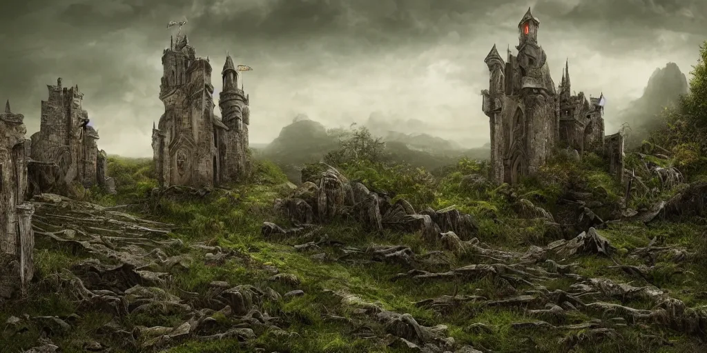 Prompt: matte painting, castle, dramatic landscape, overgrown, cinematic, overcast