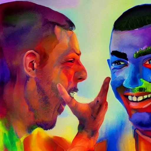 Image similar to landscape, portrait beautiful painting, two men with scarred faces smiling happily while high - fived. fine art, bright colors, trending on artstation, smooth draw, sharp focus, digital art.