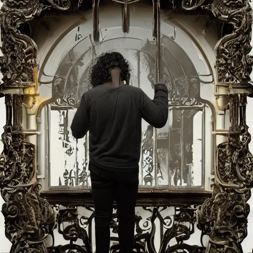 Prompt: a black man with long curly hair, with his back turned, looking at a victorian window, on deep sea, a big glowing letter K on the wall, + Cinematic Lighting + Deep Shadows + Hyper Realistic + Hyper Maximalist + Maximalist Composition + Intricate Details + Rendered in Octane + Trending on Artstation + Hall of Fame on Cgsociety + 8K portrait + 8k Post-Processing Highly Detailed + Rendered by Octane Engine + 8K Artstation 8k Detail Post Processing + Octane Render