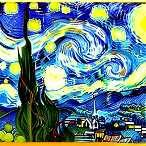 Prompt: starry night by vincent van gogh with a bunch of spaceships