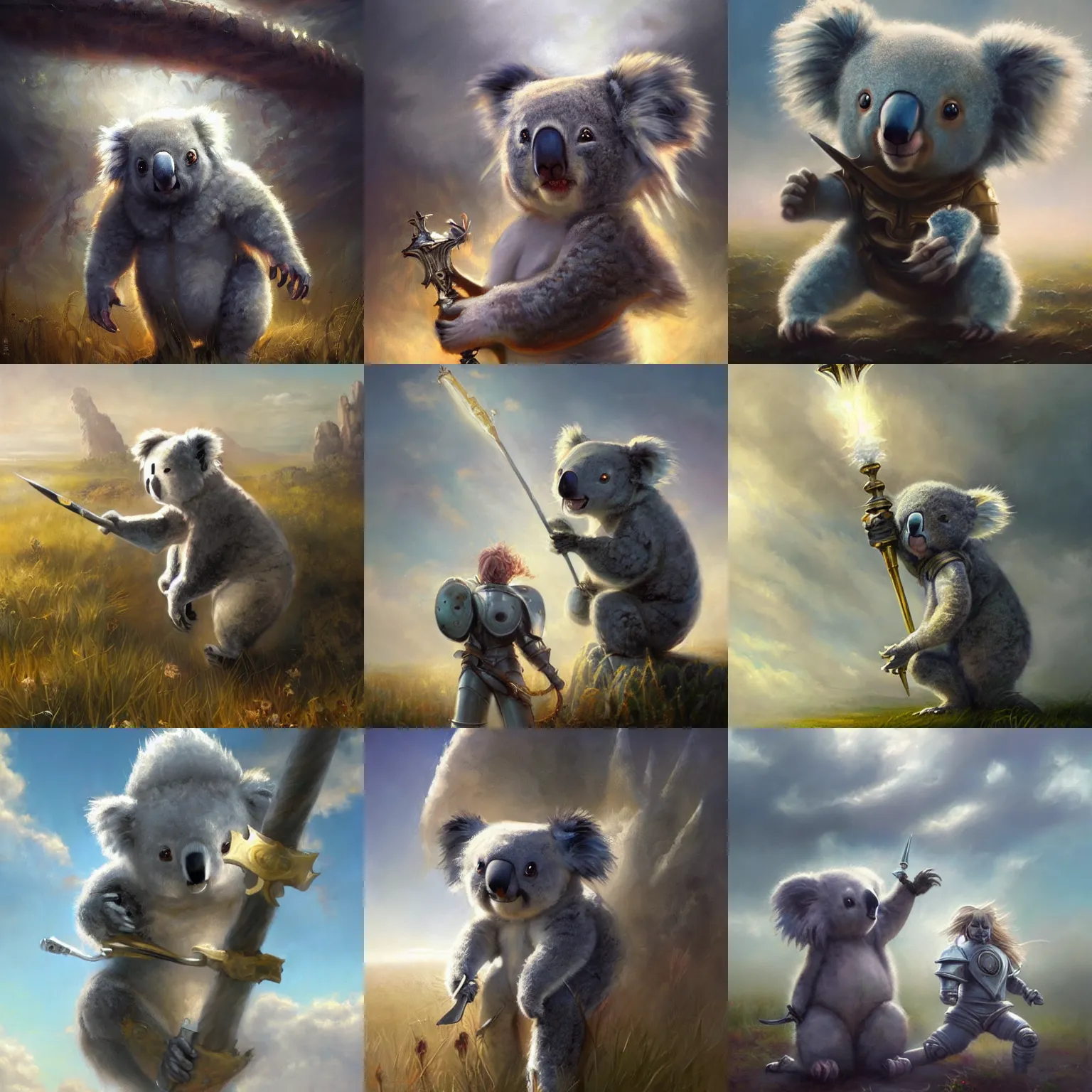 Prompt: Cloud Champion Koala knight roaming the windswept field dave dorman edson campos christopher young jeff simpson allison carl hiro izawa paul chadeisson, epic fantasy, oil on canvas