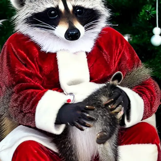 Image similar to raccoon santa vastly underestimated how difficult it would be to give a present to everyone in the world.