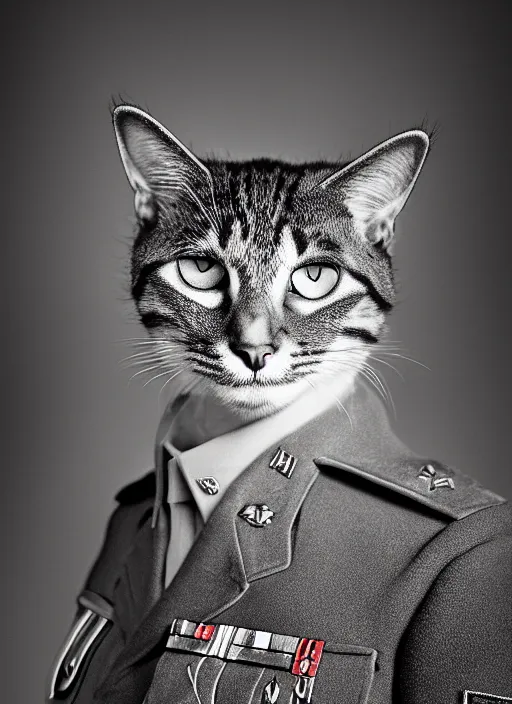 Prompt: portrait of a cat as a military man, dark background, studio light, hdr, nikon 2 4 mm f / 1. 8 g, by sebastiao salgado