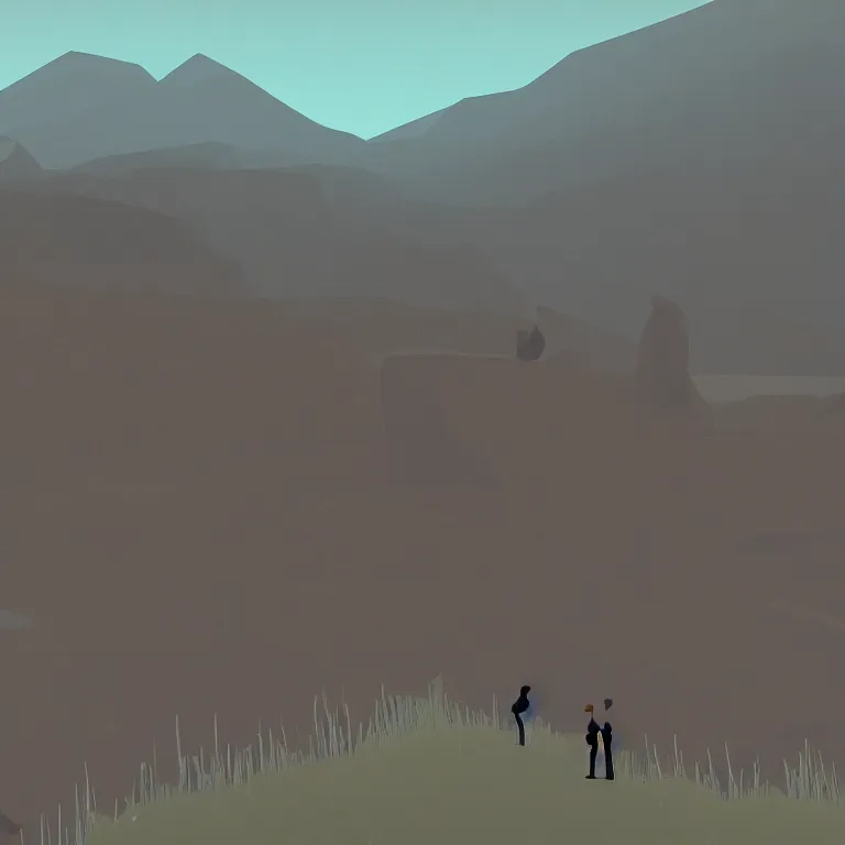 Prompt: Hiking in the Scottish Highlands. A still from Kentucky Route Zero.