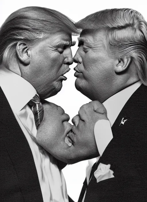 Prompt: beautiful professional romantic portrait photo of donald trump kissing donald trump.
