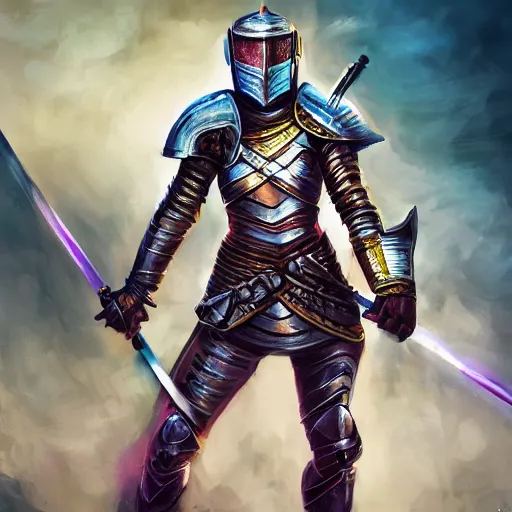 Image similar to female knight with an electric longsword rallies a band of troops, dramatic, fantasy character portrait, dynamic lighting, colorful, intricate, hyper realism, 8 k, high resolution