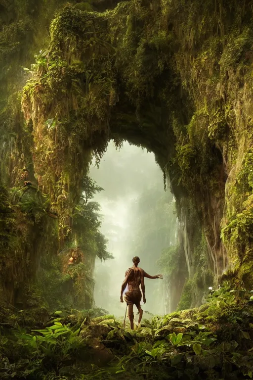 Prompt: a wide shot of a frail adventurer lost in a dense, forbidden jungle stumbles upon an ancient, and enormous doorway adorned with bas - reliefs depicting scenes of creation, marred by time and shrouded in leaves. hyper - realistic, octane render, cinematic, 8 k resolution, by edgar maxence and ross tran and michael whelan