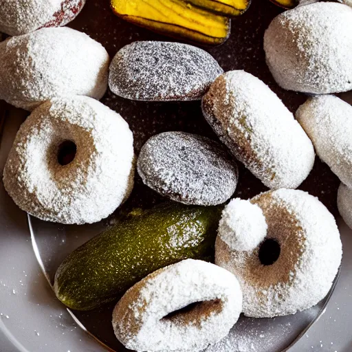 Prompt: powdered donuts and pickles piled on an ornate platter, high resolution photograph, beautiful lighting