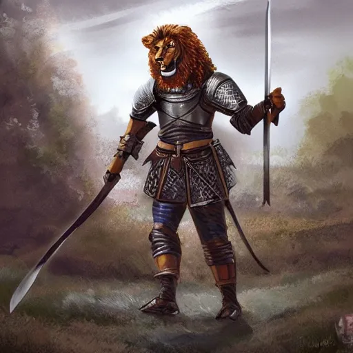 Prompt: Lion knight in medieval gear fighting with a sword, fantasy, digital art, realistic, artstation, detailed