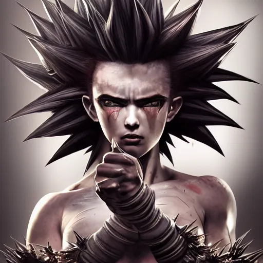 Image similar to fistfight, bloody, brutal, warrior girl, muscular girl, wild spiky black saiyan hair, long spiky hair, electrified hair, fistfighting, ultra realistic, intricate details, highly detailed, subsurface scattering, photorealistic, octane render, 8 k, art by artgerm, greg rutkowski, magali villeneuve, alphonse mucha