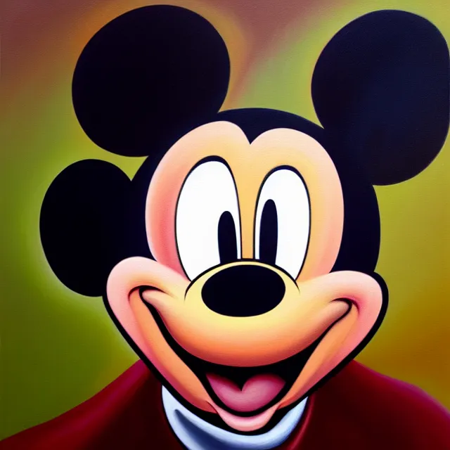 Image similar to an oil on canvas portrait painting of mickey mouse, polycount, surrealism, surrealist, lovecraftian, cosmic horror, high detail