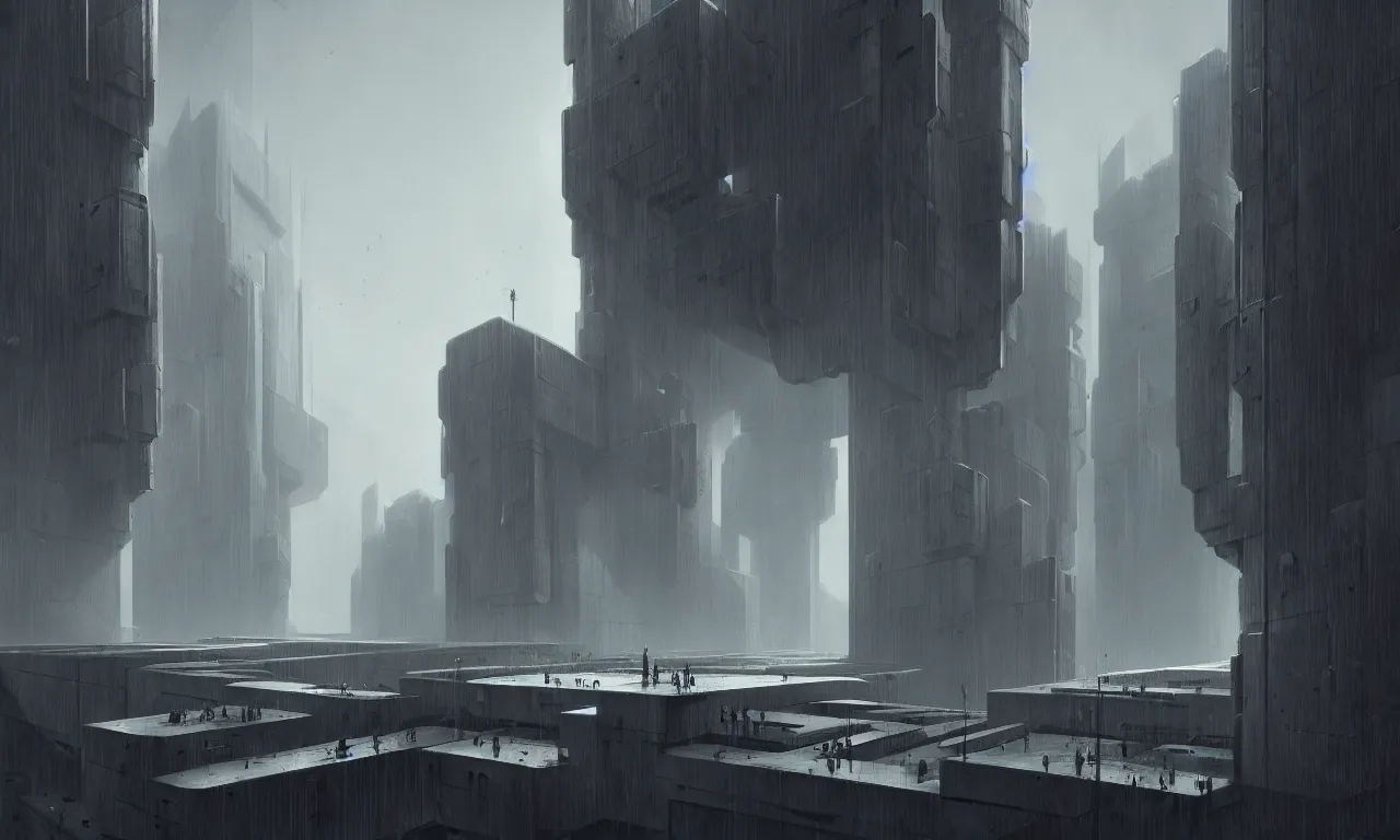 Prompt: brutalist architecture, raphael lacoste, eddie mendoza, alex ross, concept art, matte painting, highly detailed, rule of thirds, dynamic lighting, cinematic, detailed, denoised, centerd