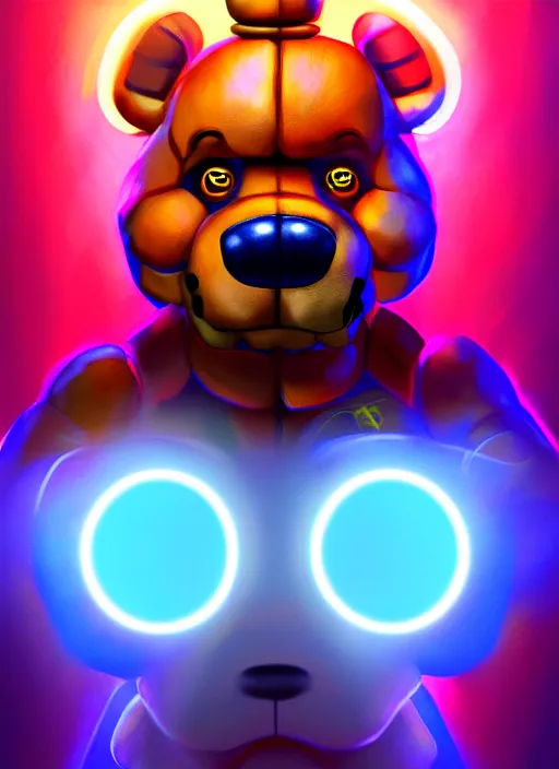 Image similar to portrait of freddy fazbear, glowing lights, highly detailed, digital painting, artstation, concept art, sharp focus, illustration