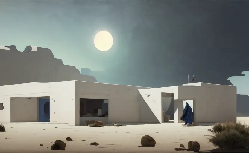 Image similar to painting of a wide angle exterior shot of a white modern architecture in the middle of desert with cinematic lighting by peter zumthor, darek zabrocki and greg ruthkowski, alphonse mucha, simon stalenhag and cinematic and blue cold atmospheric, archillect concept art, artstation, trending on artstation