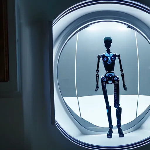 Prompt: inner view of humanoid robot from ex machina, transparency, transparent, glass dome, see - through, gears and lights, cinematography by stanley kubrick, intricate, elegant