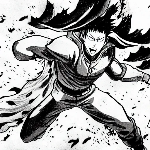 Image similar to dramatic action lines drawing of saitama charging up a punch, black rain and guts are raining down the sky