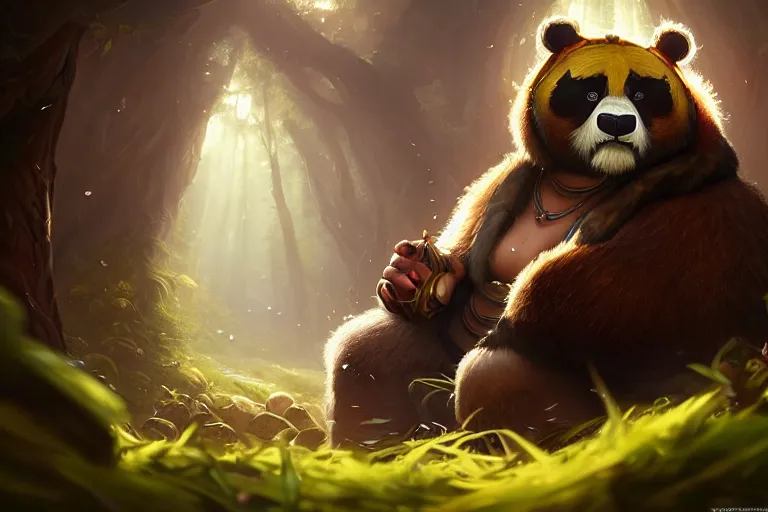 Prompt: < important > amazing portrait of the pandaren monk of the forest < / important >, hearthstone splash art, deiv calviz, splash art, natural light, elegant, intricate, fantasy, atmospheric lighting, by greg rutkowski, hearthstone splash art, hd wallpaper, ultra high details