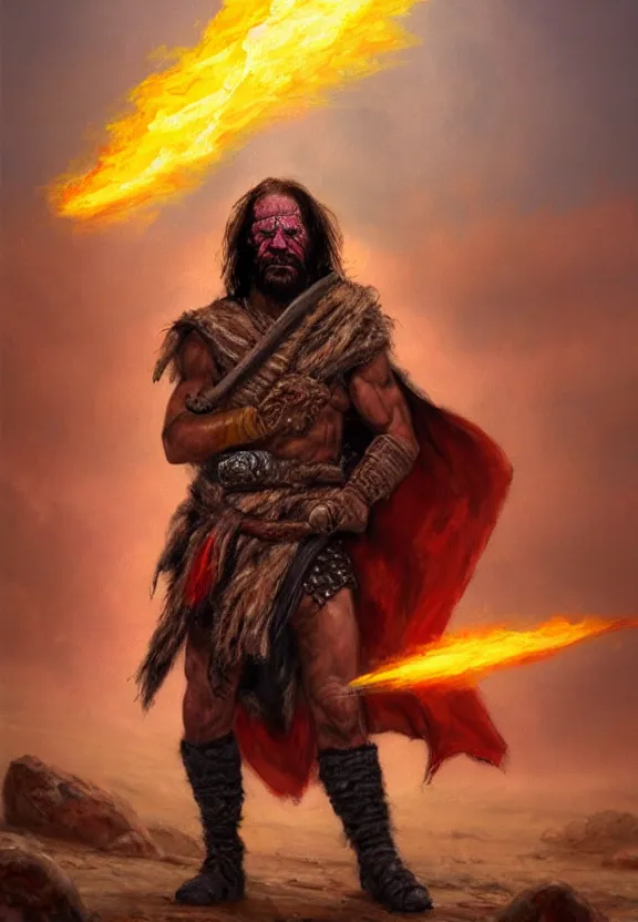 Prompt: a solitary randy savage wearing a colourful heavy cloak alone full body rocky desolate wasteland fire lit | portrait | fantasy impressionist oil painting | matte painting | matte drawing | middle earth | pathfinder | artstation deviant art | sword and sorcery | pintrest | conan | darksun | d & d dungeons and dragons | barbarian