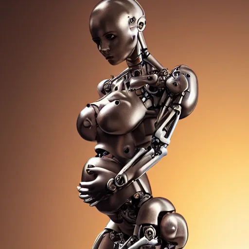 Prompt: pregnant female humanoid cyborg consisting of human parts and robot parts, 8 k, highly detailed, realistic, refined, bautiful, fine art photography, hyper realistic, photo realistic, elegant, sharp focus, majestic, award winning picture, intricate, artstation,