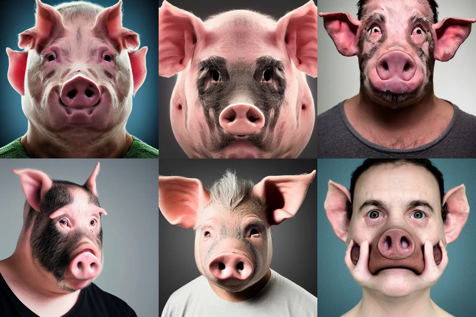 Prompt: portrait photograph of human pig hybrid human face with pig snout and ears