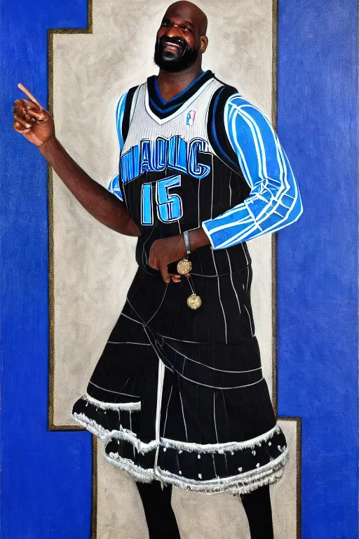 Image similar to full body portrait of shaquille o'neil as the dictator of the orlando magic, 1 8 8 9, in full military garb, magic blue, silver, and black, oil on canvas by william sidney mount, trending on artstation