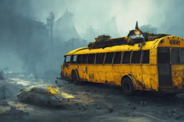 Prompt: a yellow school bus, in Mad Max style, coriolios rpg art style, full of details, dark sci-fi, cold blue colors, matte painting, artstation, 8k, hyperrealistic, style of peter mohrbacher