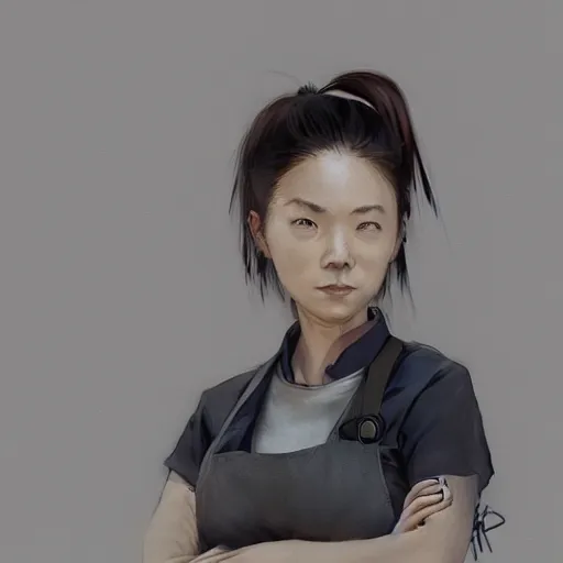 Image similar to portrait of a short muscular Japanese woman with a short ponytail wearing a gray t shirt and a work apron, dramatic lighting, illustration by Greg rutkowski, yoji shinkawa, 4k, digital art, concept art, trending on artstation