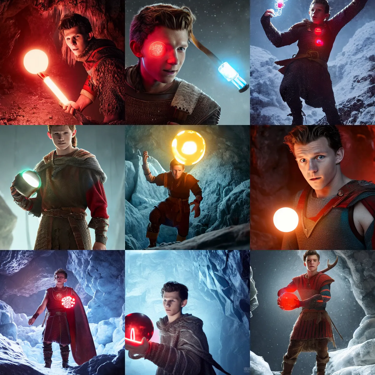 Prompt: Tom Holland wearing a viking tunic holding a small glowing red magical orb with electrical bolts emitting from it. In an icy cave. Trending on Artstation octane render ultra detailed art by Ross tran