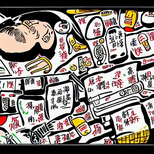 Image similar to chinese surgery operating table, in the style of daniel johnston and outsider art, 8k, line brush, overlaid with chinese adverts