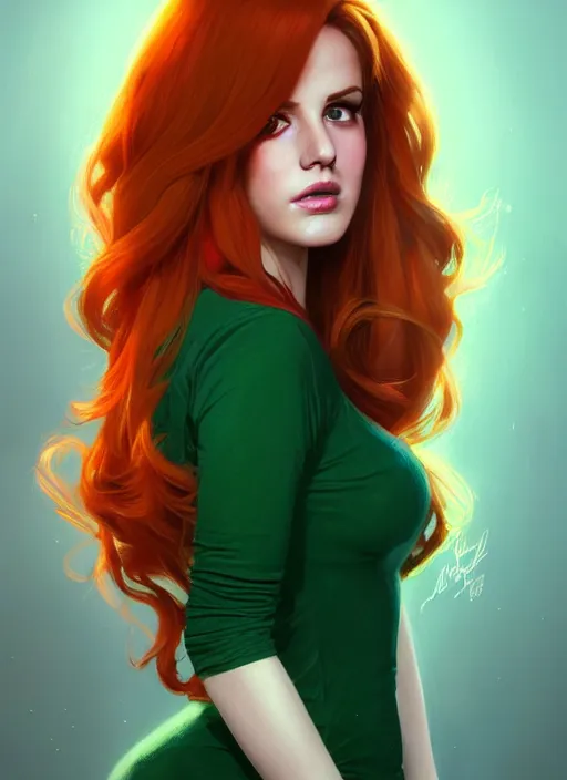 Image similar to full body portrait of teenage cheryl blossom, bangs, green eyes, mischievous expression, red hair, sultry smirk, bangs and wavy hair, intricate, elegant, glowing lights, highly detailed, digital painting, artstation, concept art, smooth, sharp focus, illustration, art by wlop, mars ravelo and greg rutkowski