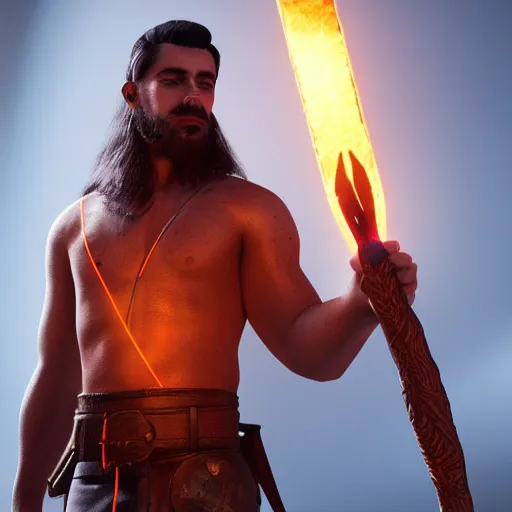 Prompt: Luis Hamilton wearing a leather barbarian tunic holding a glowing fire magical staff. Trending on Artstation, octane render, ultra detailed, art by Ross tran