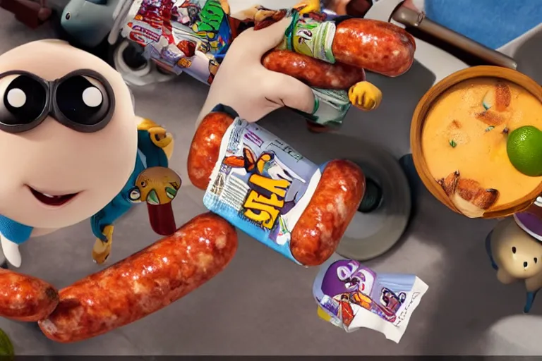 Prompt: scene of a pixar movie with flying cocktail sausages