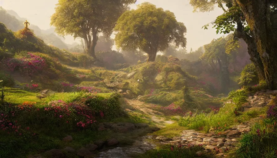 Prompt: landscape painting of a lush flower hill, behind it an old german city, fantasy, intricate, elegant, highly detailed, digital painting, artstation, blender, unreal engine 5, octane render, smooth, sharp focus, illustration, by greg rutkowski