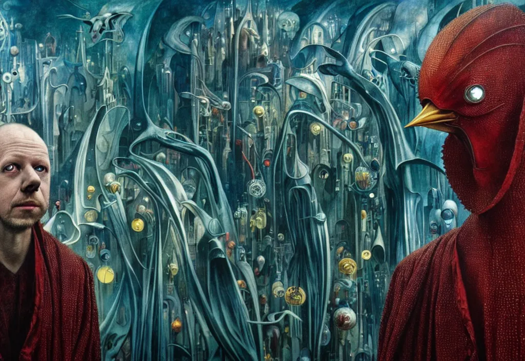 Image similar to realistic detailed portrait movie still of a birdman wearing dark robes, sci fi city landscape background by denis villeneuve, amano, yves tanguy, alphonse mucha, ernst haeckel, max ernst, ridley scott, roger dean, masterpiece, rich moody colours, cinematic, snarling dog teeth