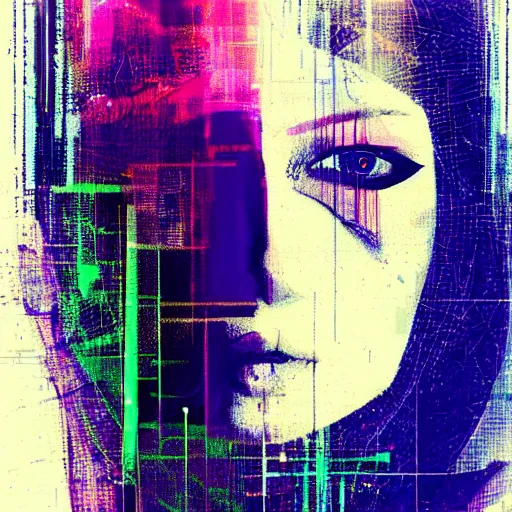 Prompt: portrait of a hooded beautiful women, mysterious, glitch effects over the eyes, shadows, by Guy Denning, by Johannes Itten, by Russ Mills, centered, glitch art, innocent, clear skin, smooth, hacking effects, chromatic, cyberpunk, color blocking, digital art, concept art, abstract