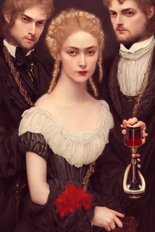 Prompt: a portrait of beautiful and handsome male Satan and his elegant beautiful wives, white eyes, bored, Dressed in Victorian fashions, illustration, soft lighting, soft details, painting oil on canvas, octane render, HDR, 4k, 8k, HD, by Edmund Blair Leighton, Brom, Charlie Bowater, trending on artstation,